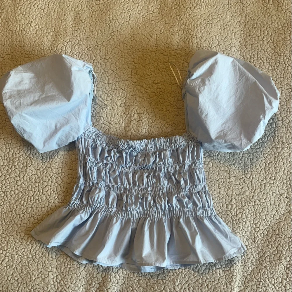 ASTR Light Blue Cinderella Puff Sleeve Smocked Top Medium